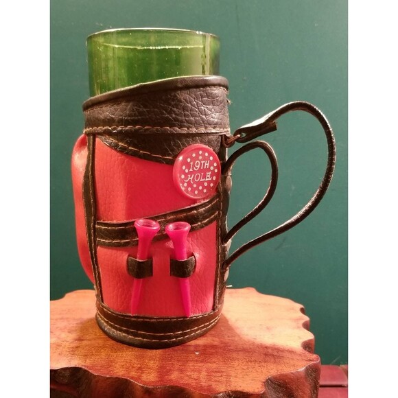 Vintage 19th Hole Mini Leather Golf Bag Glass 10oz 6"X2.5" Diameter Barware - Picture 1 of 4